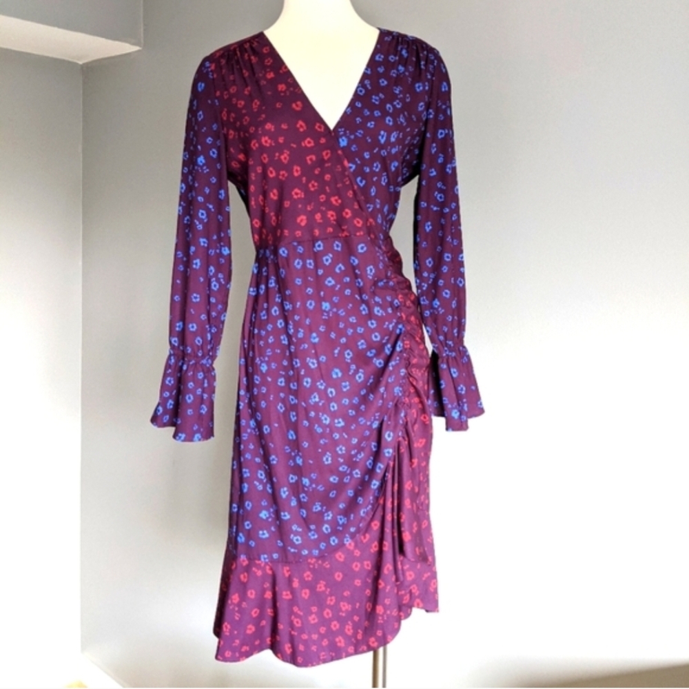 Parker Purple and Blue Long Sleeve Midi Dress V Neck Snap Closure, Ruffles